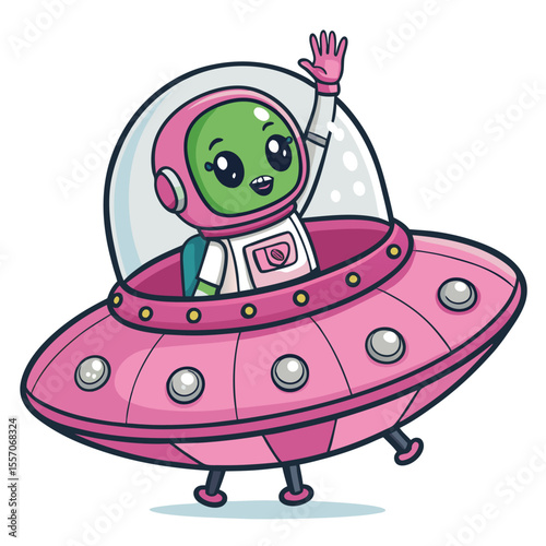 An adorable extraterrestrial creature in a transparent bubble helmet waves from a spacecraft.
