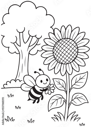 coloring book page cute bee flying near sunflower