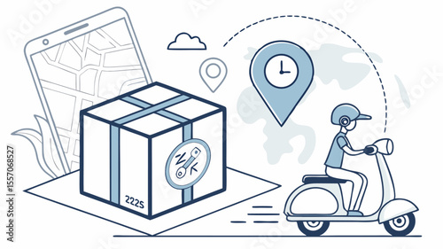 Delivery service illustration featuring a package, smartphone map, location pins, and a scooter courier on the go