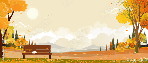 Autumn landscape with forest tree on white background,Cartoon Scene Fall Season Mountain,Meadow,Orange Foliage,Vector nature with grass field,maple tree,farm land in countryside