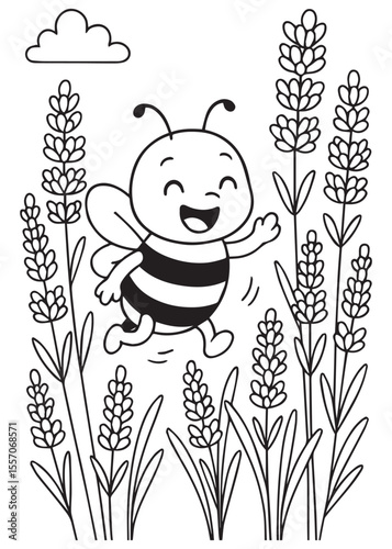coloring book page bee walk around tall flowers