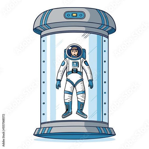 An astronaut's body drifts in suspended animation inside a high-tech cryogenic chamber.