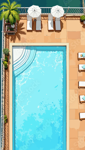 Aerial view of a swimming pool with sun loungers and umbrellas  