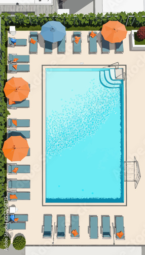 Aerial view of swimming pool with umbrellas and lounge chairs  