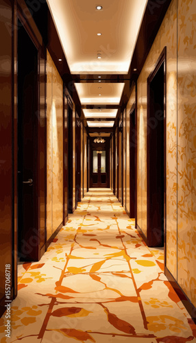 Elegant hotel corridor with modern lighting and floral carpet design  