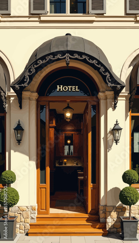 Elegant hotel entrance with wooden door and decorative accents  