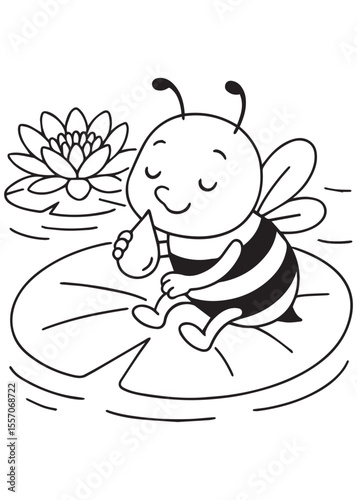 coloring book page bee sitting on lily pad eating honey
