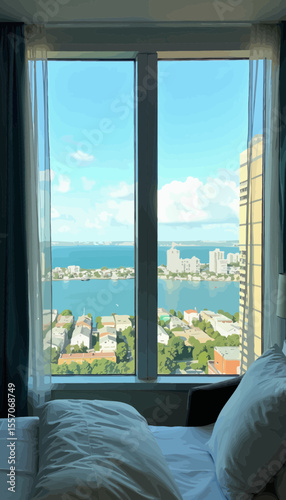 Modern hotel room with city view and blue sky through window  