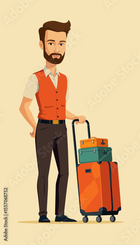 Young man standing with luggage and preparing for travel  