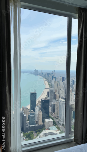 Cityscape view of Chicago skyline from hotel window overlooking lake  