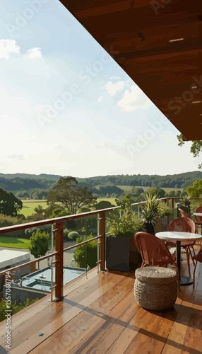 Modern balcony with scenic view of green landscape and blue sky  
