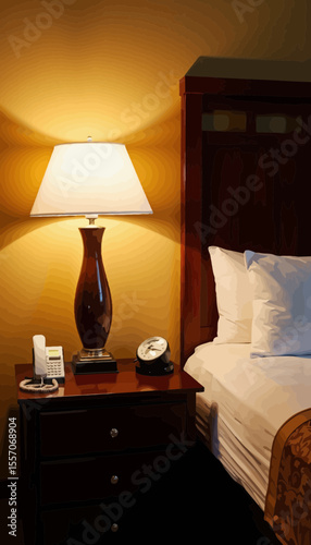 Cozy bedside table with lamp, clock, and phone in hotel room  
