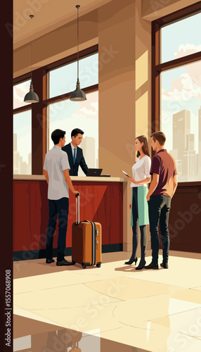 Hotel guests checking in at reception with luggage in urban setting  
