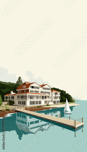 Modern waterfront house with dock and sailboat on the lake  