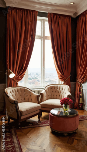 Elegant seating area with upholstered armchairs and flower vase  