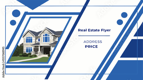 Real estate flyer template with a house image and blue geometric shapes for property advertisement design