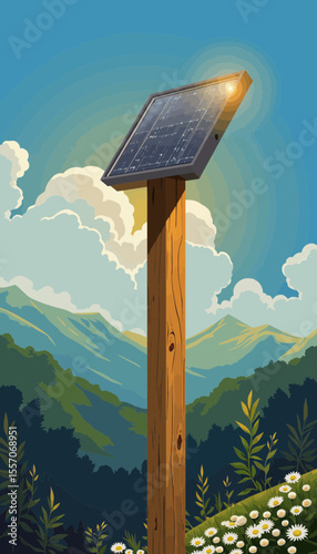 Solar panel on wooden post in mountainous landscape under blue sky  