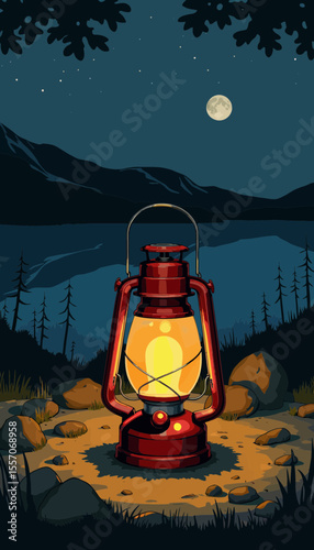 Vintage lantern glowing by the lakeside under the night sky  