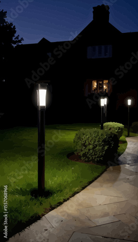 Pathway with illuminated garden lamps in residential neighborhood at dusk  