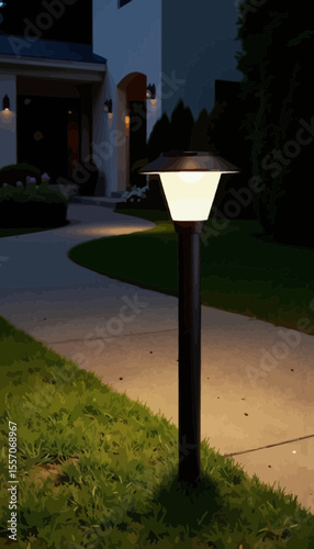 Modern garden lamp illuminating walkway at night in residential setting  