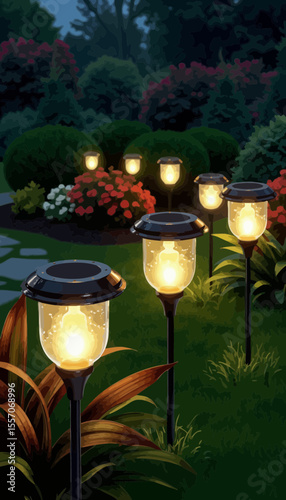 Outdoor garden lights illuminating pathway at night in landscaped yard  