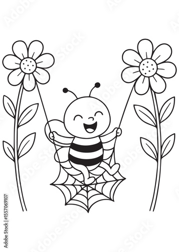 coloring book page bee swinging between two flowers