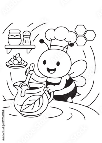 coloring book page bee cooking honey recipe in kitchen