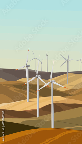 Wind turbines in a hilly landscape under a clear sky  