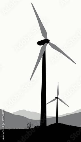 Wind turbines silhouette on mountains in minimalist style  