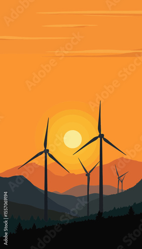 Wind turbines silhouetted against sunset in mountainous landscape  