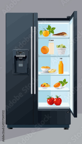 Modern refrigerator filled with fresh food and beverages in a kitchen  