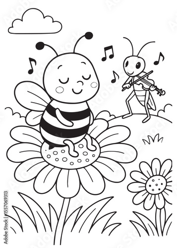 coloring book page bee on flower while bug plays flute