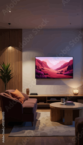 Modern living room with cozy sofa and scenic landscape on TV  