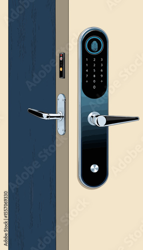 Modern digital door lock on wooden door with keypad access  