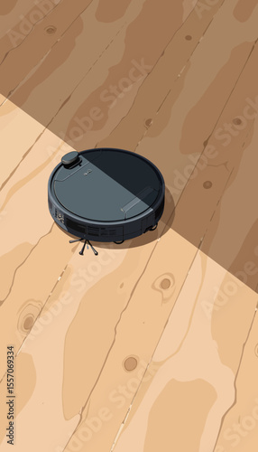 Robot vacuum cleaner on wooden floor in modern home environment  