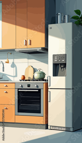 Modern kitchen interior with orange cabinets and appliances in sunlight  