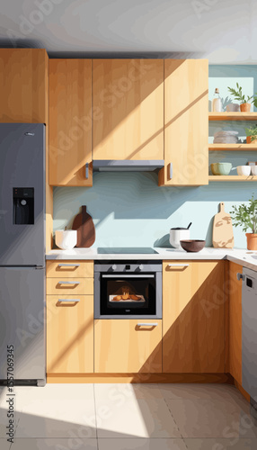 Modern kitchen interior with wooden cabinets and light blue walls  