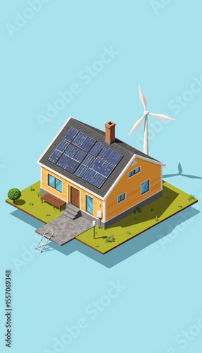 Eco-friendly house with solar panels and wind turbine on blue background  