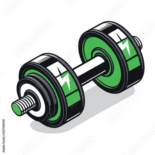 A sleek, modern dumbbell cleverly designed to resemble a power battery, symbolizing fitness energy.