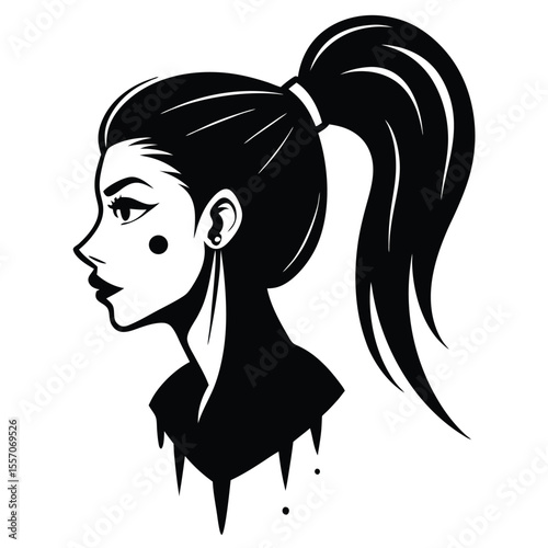 Stylish black and white vector illustration of a woman with ponytail hair profile portrait