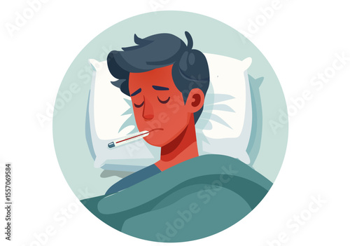 A young man is sick, has a fever, and lies in bed with a thermometer in his mouth.