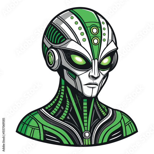 A futuristic, glowing alien head depicted with intricate digital lines and circuit patterns.