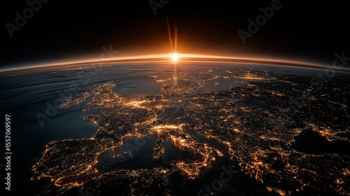 Global Sunrise: Earth's atmosphere embraces the dawn, with the sun's first rays illuminating the globe and lighting up cityscapes. A powerful image capturing the beginning of a new day on the planet.