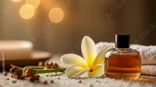 Relaxing fragrance display with candles and flowers in a serene setting