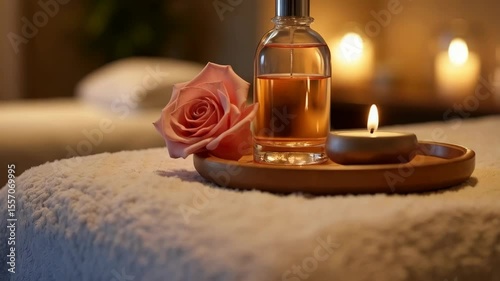 Relaxing fragrance display with candles and flowers in a serene setting