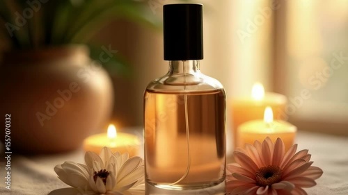Relaxing fragrance display with candles and flowers in a serene setting