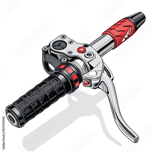 A close-up view reveals a modern bicycle handlebar, featuring a speed grip and a brake lever.