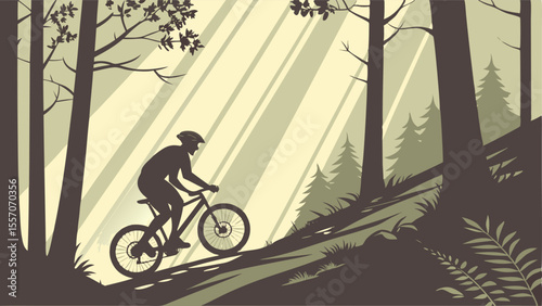 Silhouette of a mountain biker riding through a forest with sunlight streaming through the trees and foliage