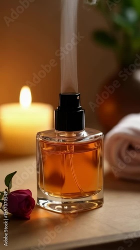 Relaxing fragrance display with candles and flowers in a serene setting