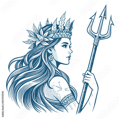 An ethereal female water spirit, armed with a trident intricately sculpted from frozen elements.